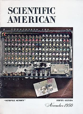 Simon featured on the November 1950 Scientific American cover Plans to build the Simon 1 relay logic machine are published