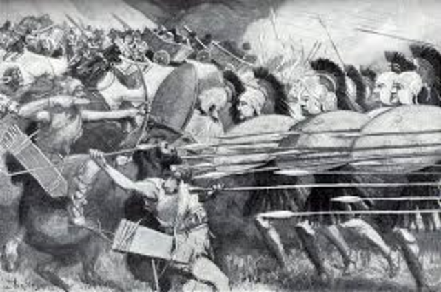 the Macedonians meet the Athenians and Thebans in battle at Chaeronea.