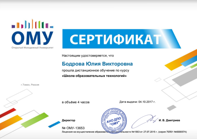 Сертификат "Школа образовательных технологий"