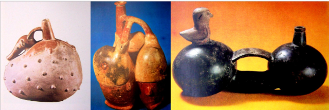 Botella Silbato - Ceramica en forma de tres dientes - Botella doble silbato decorado con ave