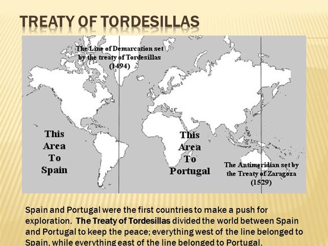 The Treaty of Tordesillas divided the  claims of Portugal and Spain