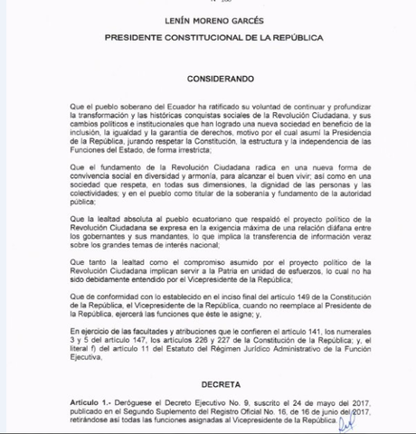 PRESIDENTE MORENO RETIRA FUNCIONES A VICEPRESIDENTE DE LA REPÚBLICA (DOCUMENTO)