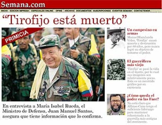 las FARC anuncian la muerte de su líder y fundador, Manuel Marulanda, de causas naturales.