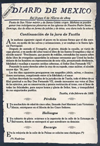 Se edita El Diario de México, primer periódico cotidiano del país en el que se abordan temas de índole social.