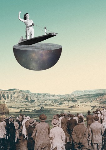 Dano Marello. 1950s-looking people, woman driving space-ship.