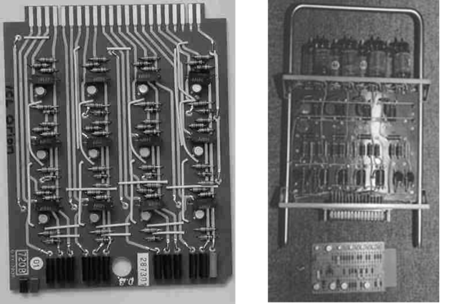 Circuito com vários transistores (esquerda). Comparação do circuito com válvulas (canto superior-direito) com um circuito composto de transistores (inferior-direito).