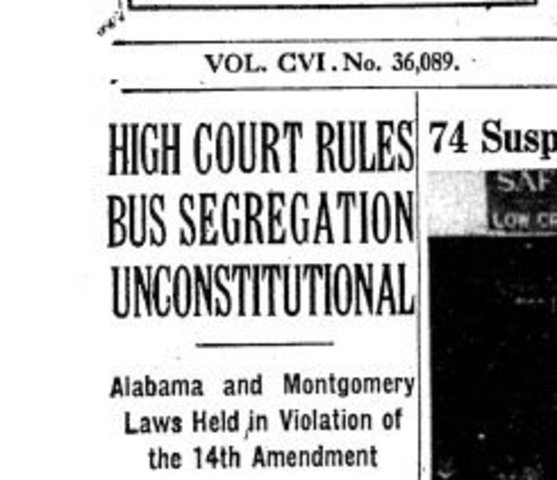 Supreme Court affirms decision in Browder v.  Gayle which found bus segregation unconstitutional.
