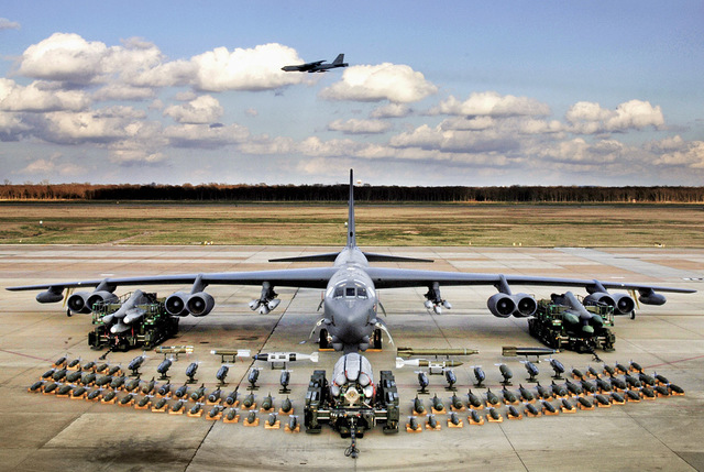 Boeing makes the B-52 bomber. It has eight turbojet engines, intercontinental range, and a capacity of 500,000 pounds.