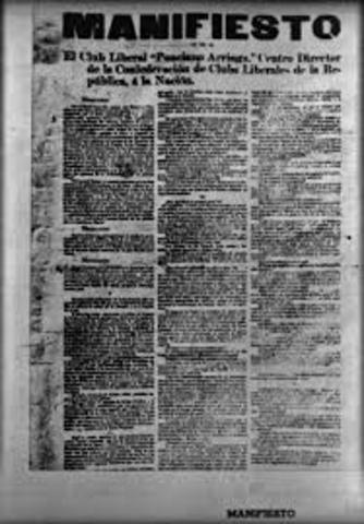 Firmó el manifiesto del Club Liberal Ponciano Arriaga, donde se pedía libertad de presos políticos y libertad de sufragio