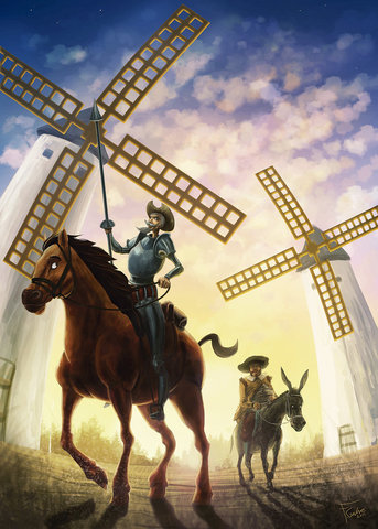 Cap 8: Don Quijote se topa con unos molinos que él confunde con gigantes, Sancho le dice que no son gigantes pero él no le pone atención y le niega la razón.