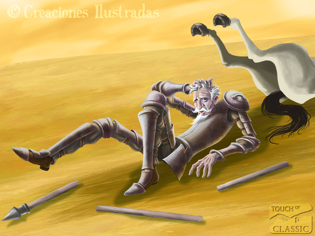 Cap 5: El vecino de don Quijote se lo encuentra tirado y le da ayuda llevándolo a su casa con su sobrina, un cura y un barbero donde le atendieron las heridas.