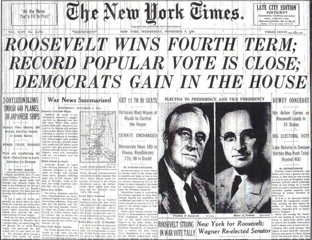 FDR elected for 4th term.
