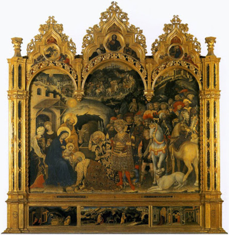 Gentile da Fabriano. Adoración de los Magos.(303 x282 cm.) Galeria de los Uffizi, Florencia.