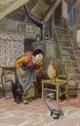 El patito llega al hogar de la anciana