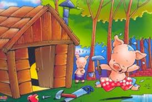 el segundo se encuentra con un hombre y le pide algunas ramas para construir su casa, no obstante llega el lobo para devorarlo entero.