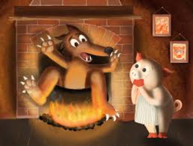 cansado de esto el lobo entra por la chimenea y allí es cocinado para su vez ser la cena del cerdito