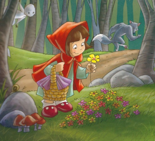 la envía por otro camino mas largo mientras el va camino a casa de la abuela para comérsela