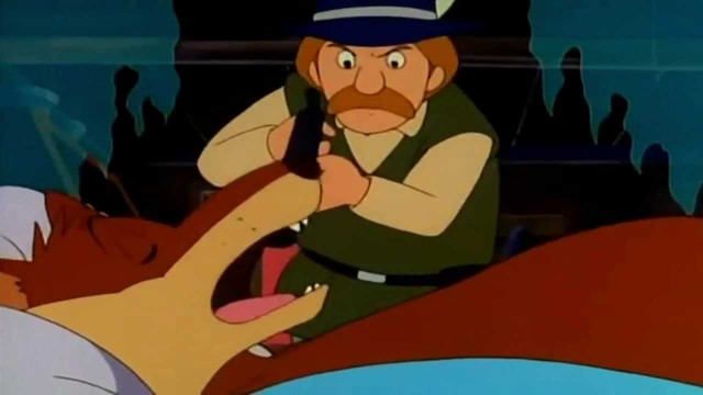 lo abre para sacar a las dos mujeres de el despues lo cose y le ingresa piedras al estomago para que se sintiera lleno, asustado el lobo sale y se va