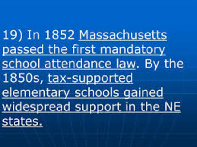 First mandatory attendance law established - Massachusetts.