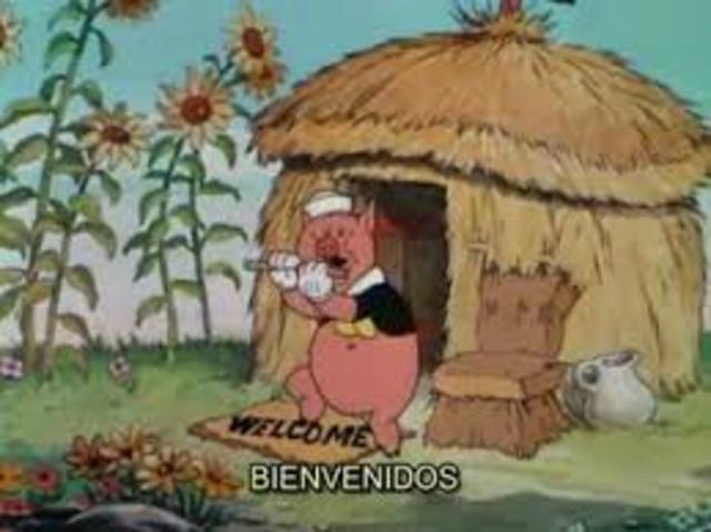 Los cerditos emprendieron su camino, en el cual el primer cerdito se encuentra con un señor que vende paja, el señor se la regala para que construya su hogar