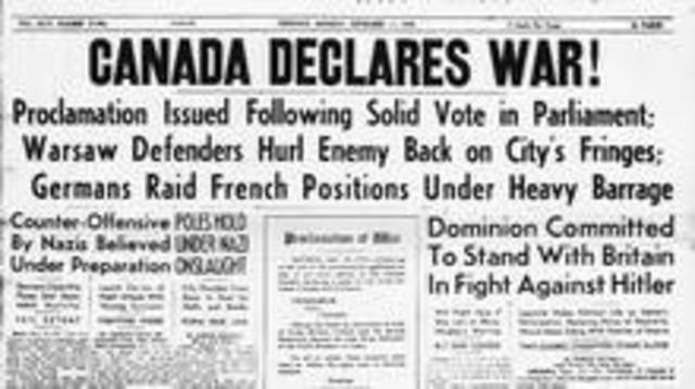 Canada declares war on Germany and its allies