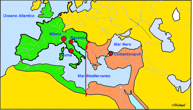Divisione definitiva dell'Impero in Impero d'Oriente e d'Occidente