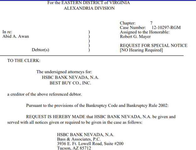 Abid Grant Bankruptcy - HSBC and Best Buy Are Creditors