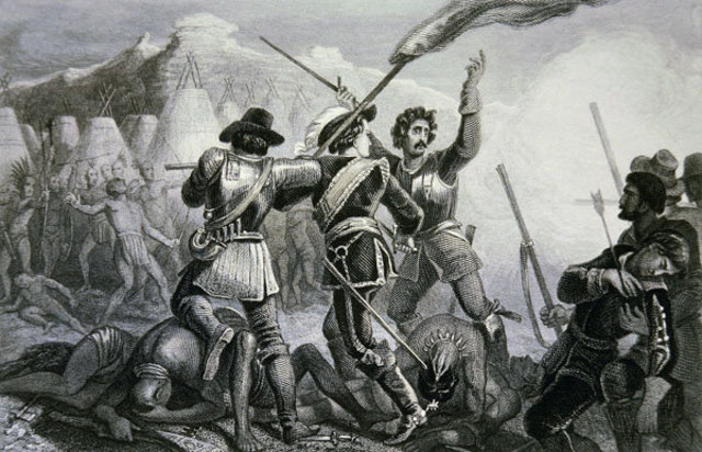 1637 pequot war captain john mason leads colonist to decisive victory.