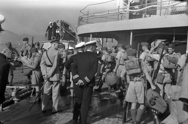Canadian troops arrive on the HMCS Prince Robert.