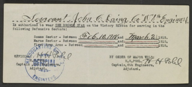 Authorization of One Bronze Star to John C. Laing