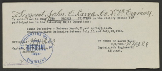 Authorization of Two Bronze Stars to John C. Laing