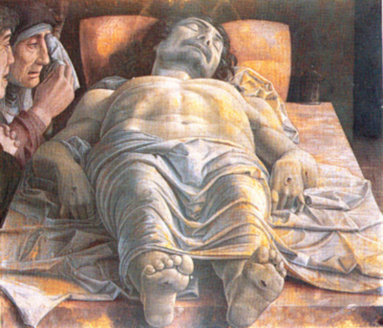 Famous example of linear perspective: Lamentation Over the Dead Christ by Mantegna