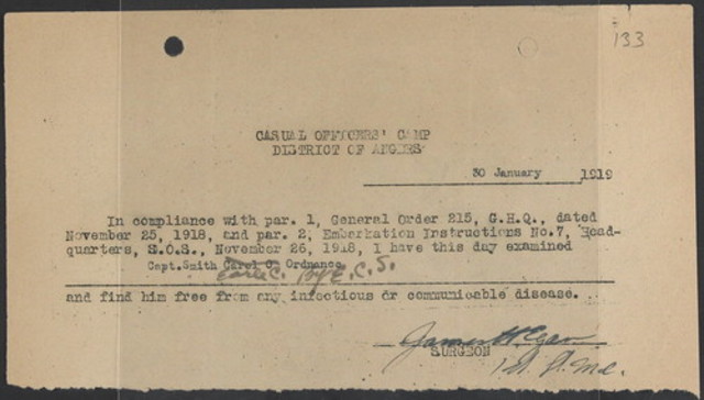 Captain C. Earle Smith Free From Any Infectious Illnesses, Casual Officers Camp District