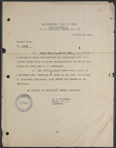 Headquarters Post of Brest (Casual Office) U.S. Army Post Office Travel Order No. 3578