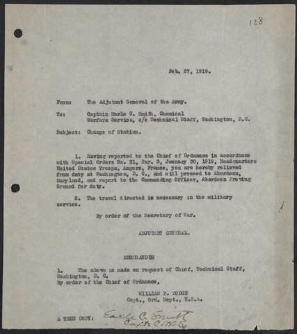 From: The General of the Army; Change of Station
