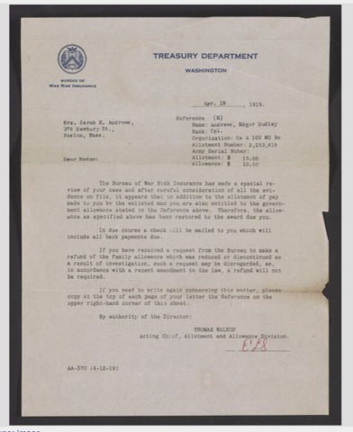 War Risk Letter After Death - Edgar D. Andrews