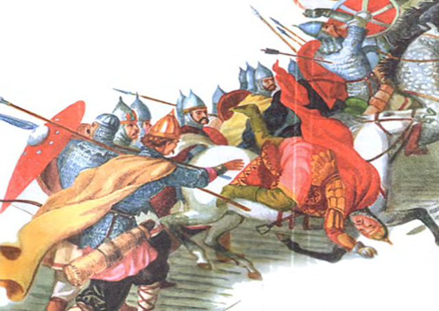 Война между древлянским князем Олегом и его братом Ярополком, князем Киевским. Гибель Олега в битве при Овруче. Бегство Владимира из Великого Новгорода в Скандинавию.