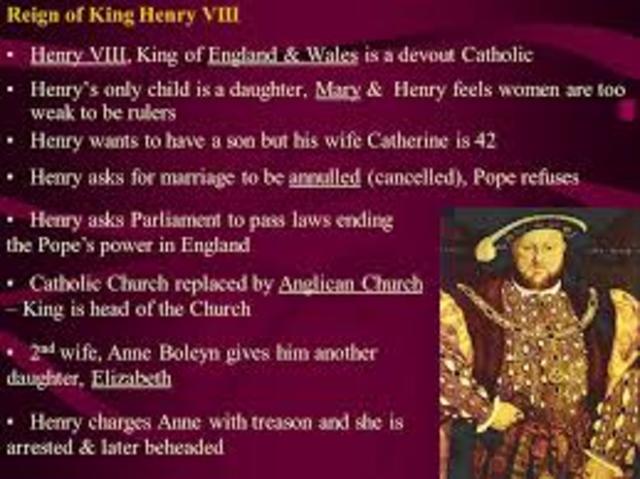 King Henry VIII begins Protestant Anglican church