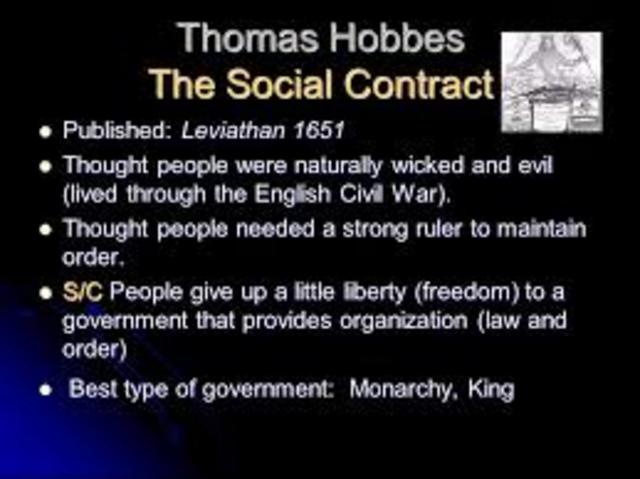 Thomas Hobbes published Leviathan – social contract (people give up rights to a strong ruler who maintains order)