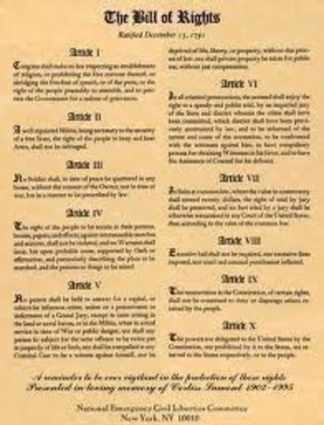The U.S. Congress added the Bill of Rights (first 10 amendments to the Constitution