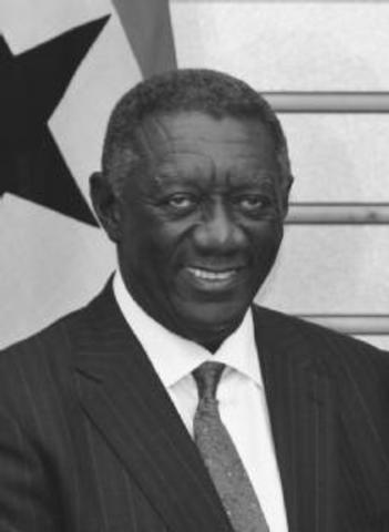 John Kufuor of the New Patriotic Party becomes president.