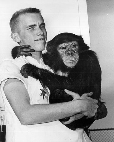 Ham the Chimp, a 37 pound male, is rocketed into space aboard Mercury-Redstone 2, in a test of the Project Mercury capsule, designed to carry United States astronauts into space.