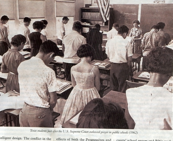 Engel v. Vitale: The United States Supreme Court rules that mandatory prayers in public schools are unconstitutional.