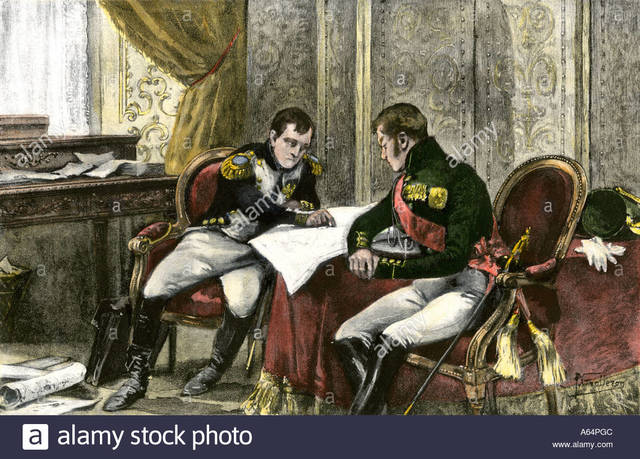 Czar Alexander I and Napoleon sign the Treaty of Tilsit