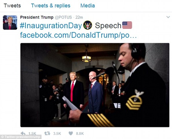 Trumps first tweet as president.