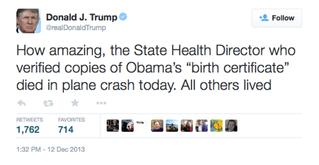 Trump's tweets at Obama's birth certificate.