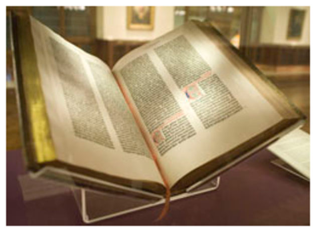 1455 CE, The Gutenberg Bible was created in Europe by Johannes Gutenberg.