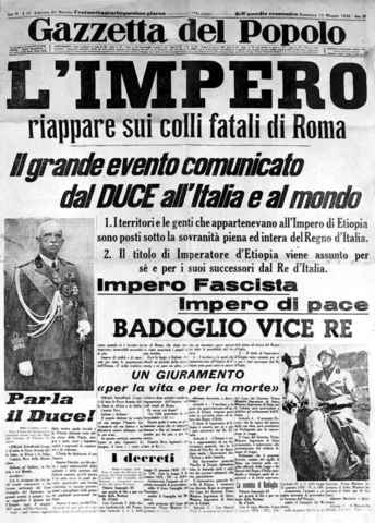 Mussolini annuncia la fondazione dell'impero. Re Vittorio Emanuele III assume il ruolo di imperatore d'Etiopia