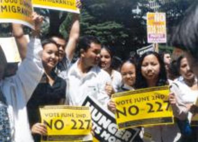 1998 - California voters pass Proposition 227, requiring that all public school instruction be in English. This time the law withstands legal challenges.