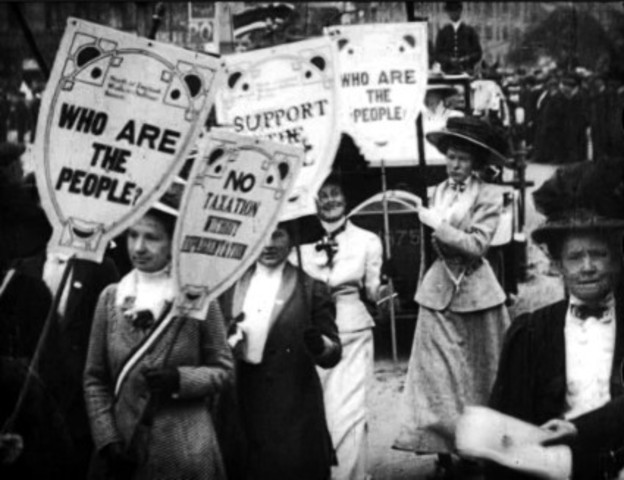 Women march for equal rights.